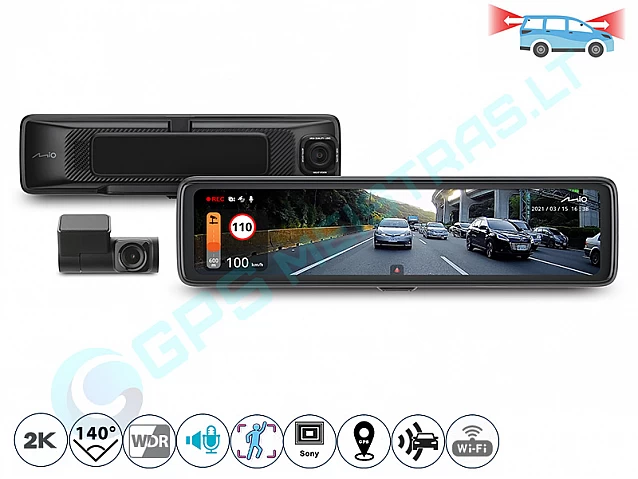 Vaizdo registratorius Mio MiVue R850T 2.5K HDR WiFi, GPS, touch E-mirror Dashcam with rear camera