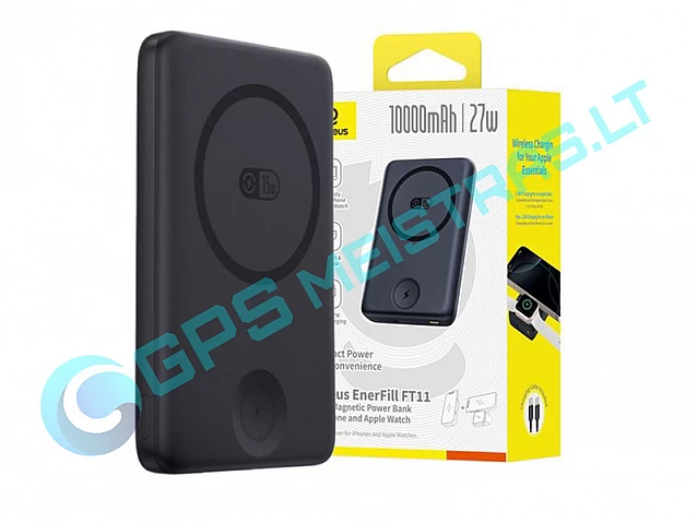 Išorinis akumuliatorius (PowerBank) 10000mAh 27W su bevieliu QI + iWatch, magnetiniu laikikliu