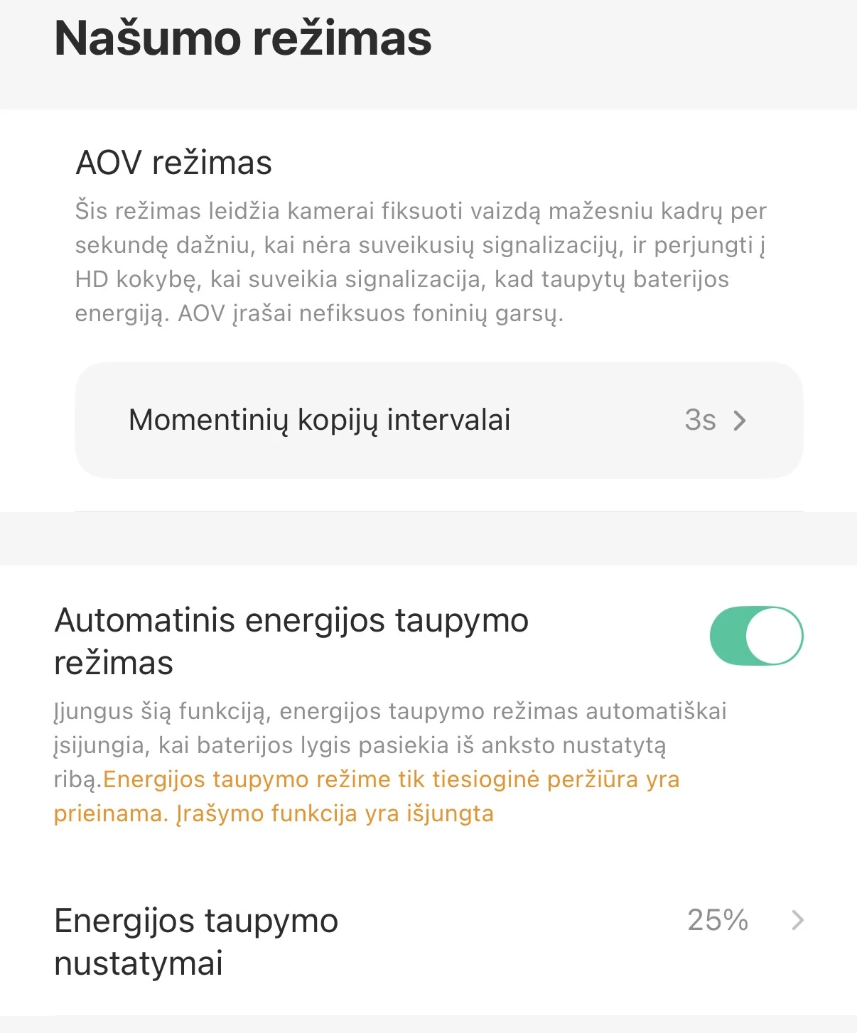 IMOU AOV našumo režimo nustatymai