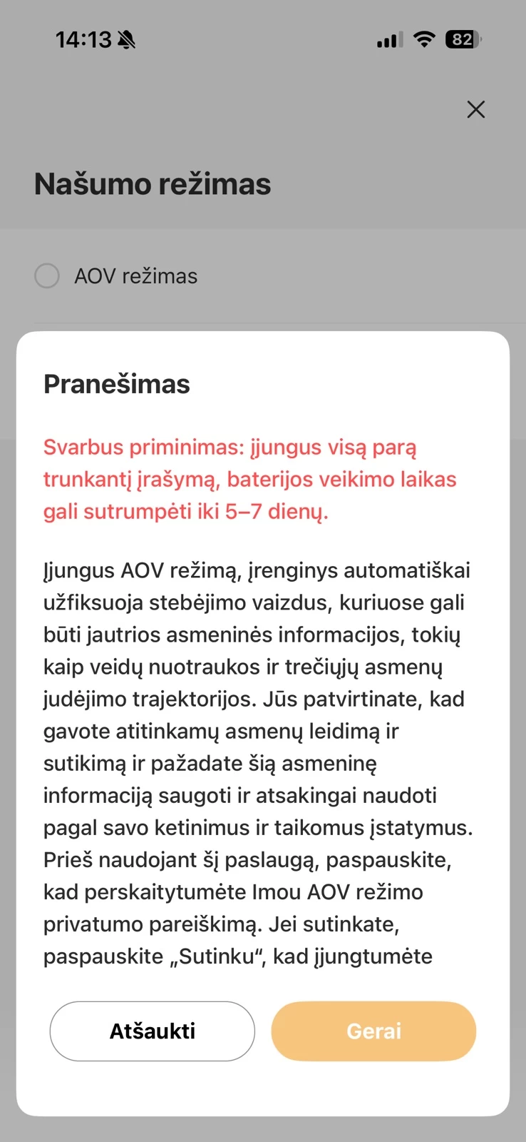 IMOU VD1 AOV režimo baterijos veikimo laiko įspėjimas