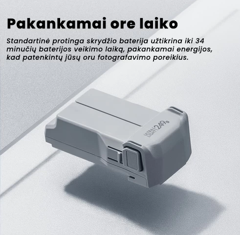 Standartinė protinga skrydžio baterija užtikrina iki 34 minučių baterijos veikimo laiką, pakankamai energijos, kad patenkintų jūsų oru fotografavimo poreikius. [5]