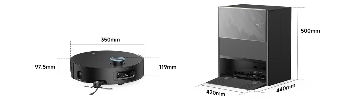 Dreame Aqua10 Ultra Track roboto ir automatinės stotelės matmenys
