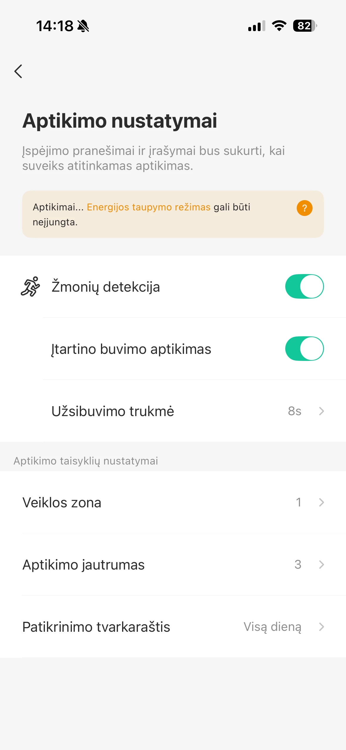 IMOU VD1 žmonių aptikimo ir užsibuvimo nustatymai programėlėje